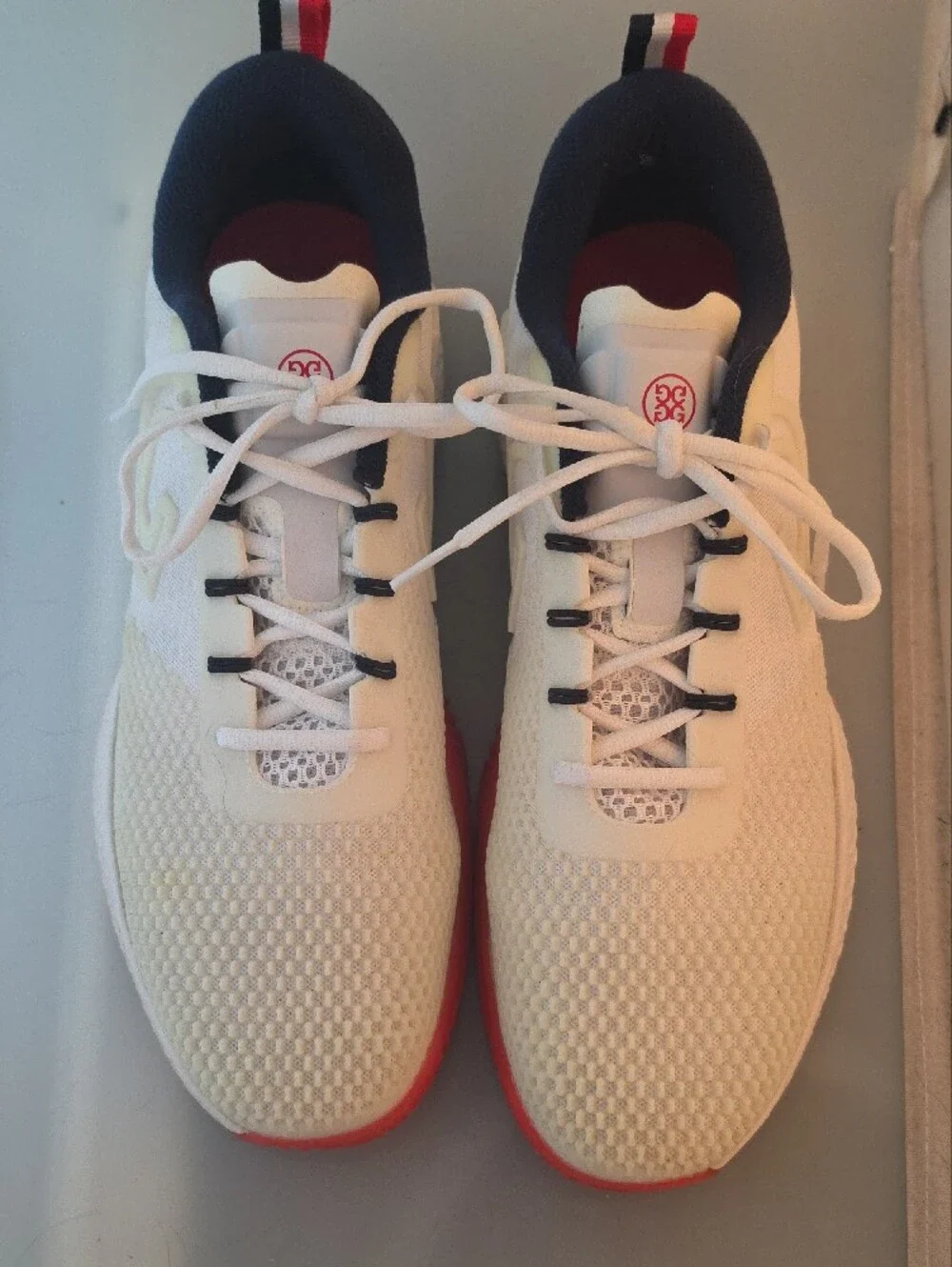 G/FORE  Pickleball Racquet White Sneakers with Navy and Red Accents